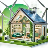 Maison éco-responsable avec panneaux solaires et éléments d’énergie renouvelable.
