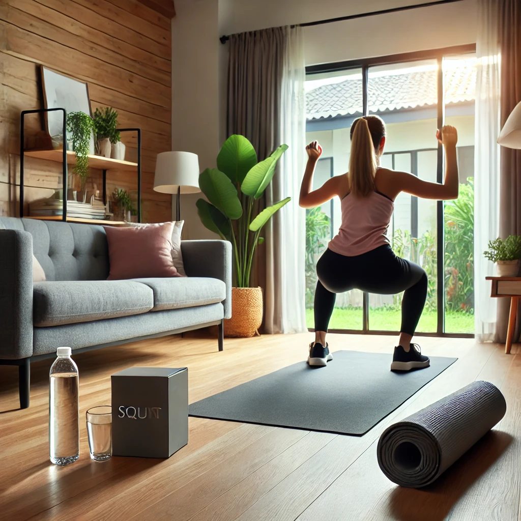 Exercices de sport à la maison avec un tapis et une bouteille d’eau.