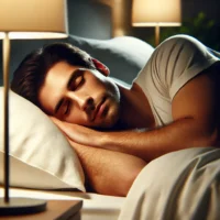 Personne dormant paisiblement dans un lit confortable avec une lumière douce.