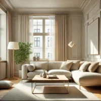 Salon confortable à la décoration intemporelle, avec canapé en tissu clair, table basse en bois et plantes d’intérieur.