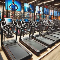 Plusieurs modèles de tapis de course exposés en magasin.